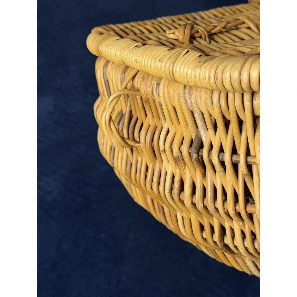 Large Italian Wicker Picnic Harvest Basket Handcrafted Brown Double Lid Rustic